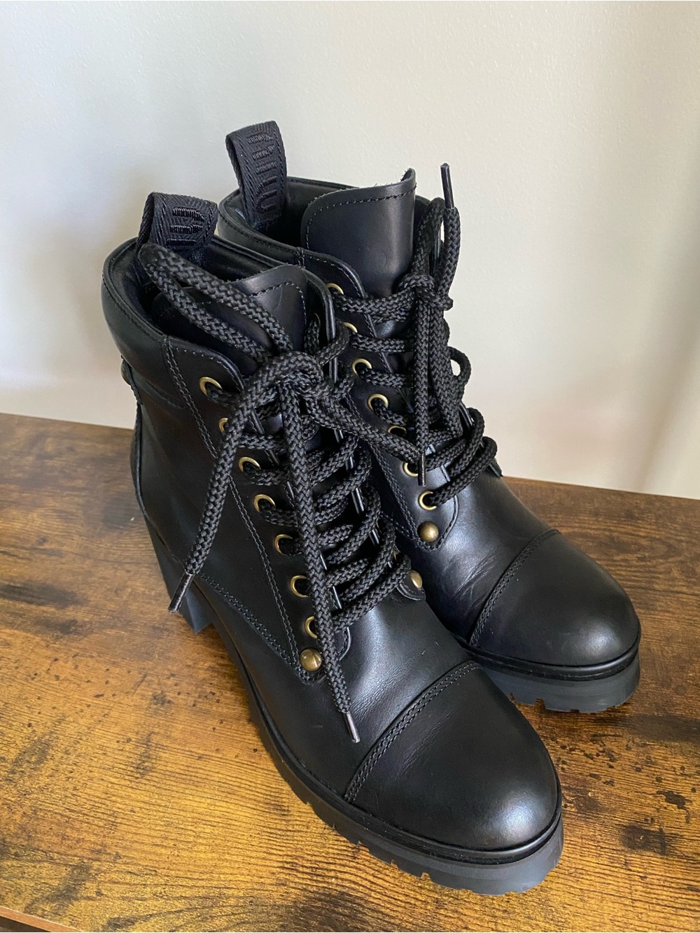 Miu Miu Black Leather Lace-Up Lug Heel Boots